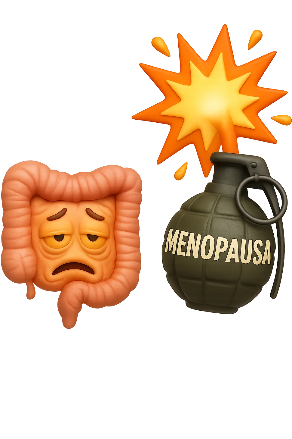 EMOJI STILE IPHONE 3D DI INTESTINO ANZIANO CON RUGHE SFINITO CON ESPRESSIONE STANCA, ACCANTO A LUI SCOPPIA UNA GRANATA 3D CON LA SCRITTA "MENOPAUSA" SOPRA emoji