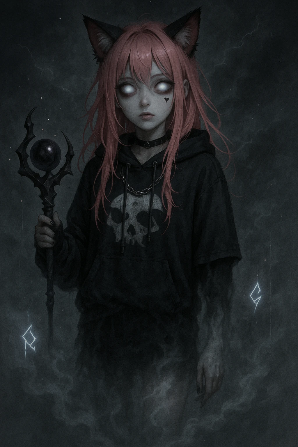 realistic anime catgirl with pink hair, emo streetwear, heart tattoo under left eye, dark magical accessory, sparkles, stormy background, ghostly horror look with half-disappeared body, glowing runes, and mist swirling around her legs emoji
