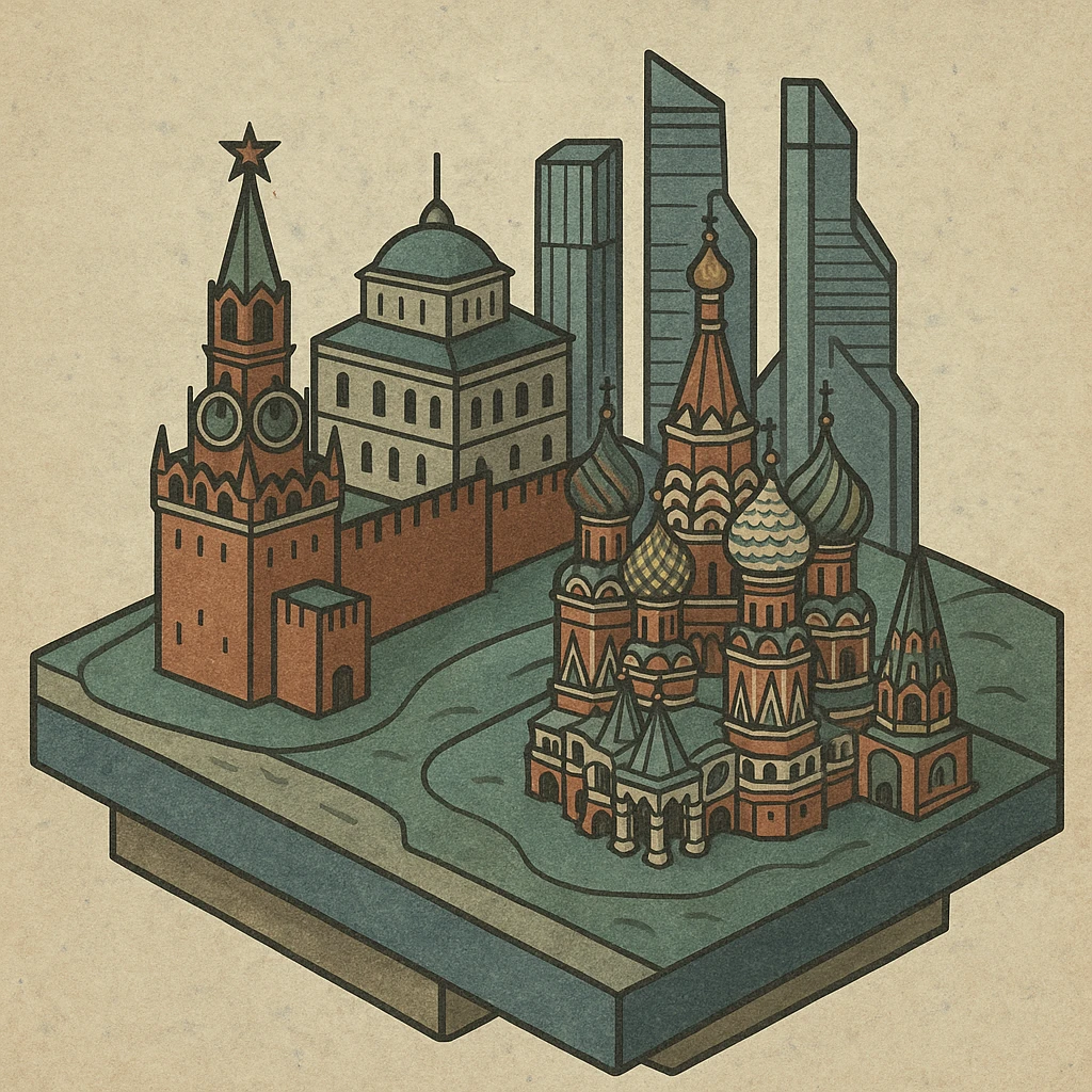 Изометричная миниатюрная 3D модель Москвы на подставке - фотореалистичный Кремль, собор Василия Блаженного, Башни Москва-Сити, аккуратная детализация, яркие цвета мультяшный реализм, компактная композиция,  вид сверху в изометрии emoji