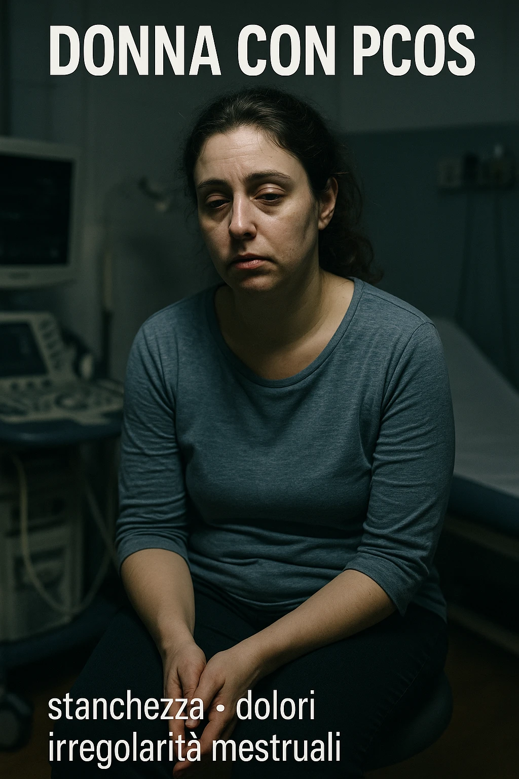 Donna con PCOS in evidente stato di debilitazione, volto stanco, postura affaticata, ambiente medico, luci drammatiche, dettagli realistici, didascalie in italiano, verticale 2:3 emoji