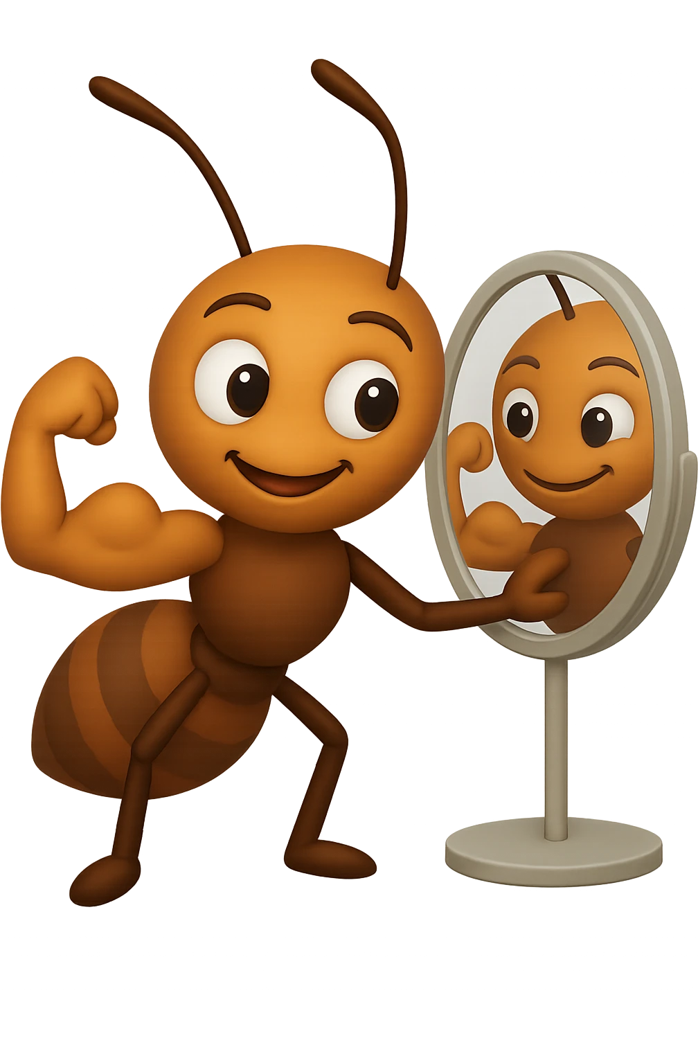 EMOJI STILE IPHONE 3D DI una formica che si guarda allo specchio felice e sicura di sè mentre contrae il suo bicipite muscoloso, fagli anche la parte bianca degli OCCHI, non solo la pupilla emoji