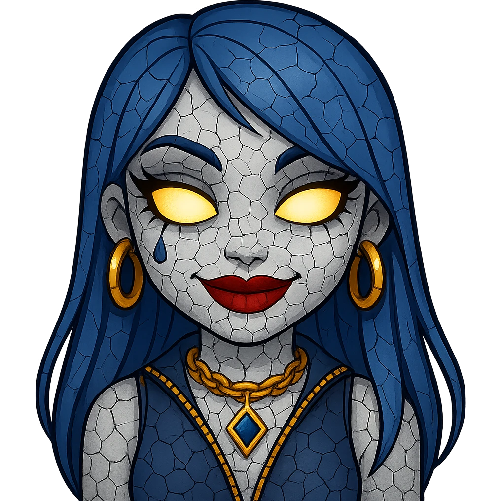 Add cracked porcelain effect to the emoji, keep glowing eyes, creepy gyaru style, blue hair, pretty makeup, bratz baddie vibe, emoji style, with no background. emoji