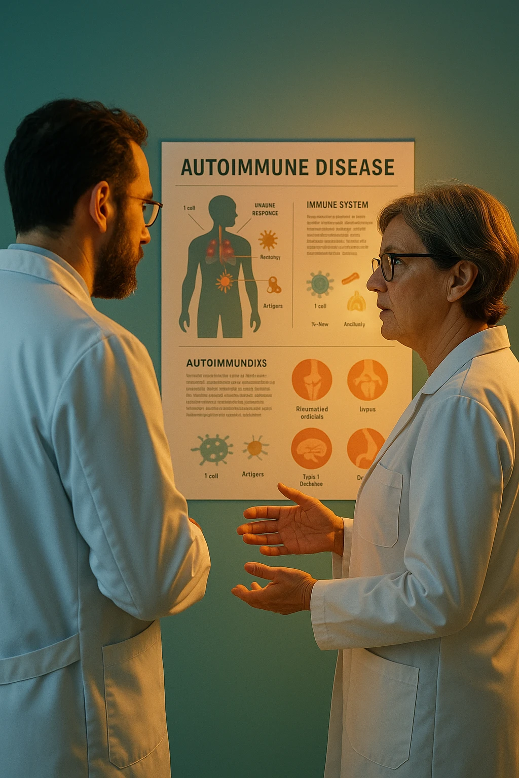 Realistic, detailed photo taken from behind of two doctors—a bearded man and a middle-aged woman—standing and facing each other as they discuss an autoimmune disease diagnosis in front of a medical chart that displays information about the immune system and autoimmune conditions. The scene is illuminated by a yellowish, orange, warm light that softly envelops the doctors. The entire room is bathed in a single green-blue color, creating a cohesive and modern atmosphere. Both doctors wear white coats, and their body language suggests a serious, professional conversation about the complexities of autoimmune diseases. Shot with a Canon EOS R5, with high detail and natural depth of field. in italiano emoji