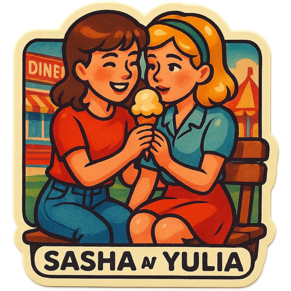 Sticker of Sasha and Yulia, two young lovers, in a retro and vintage style, with a grainy texture and faded colors, sitting on a bench and sharing an ice cream cone, with a background of a diner or a fairground. emoji