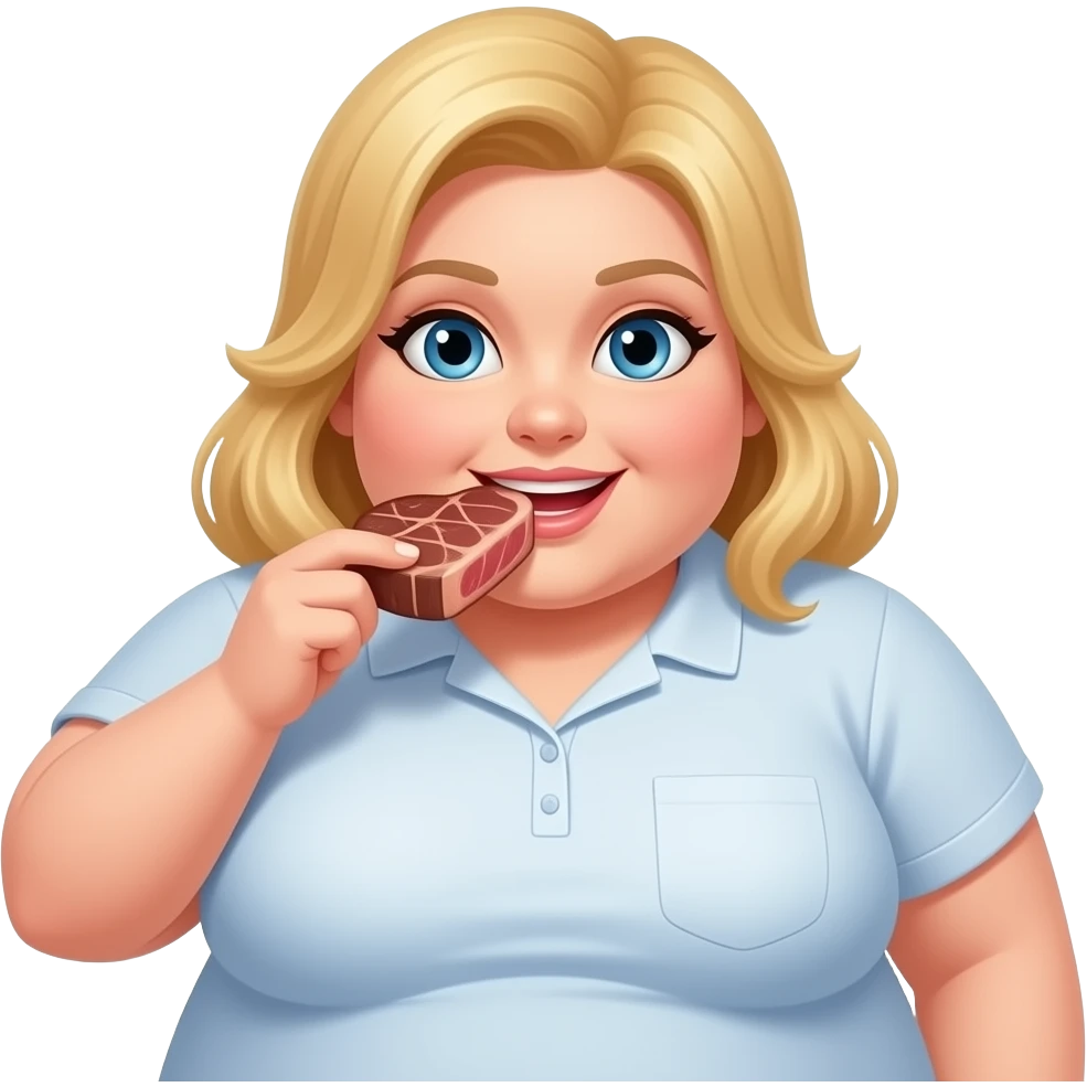 a very very fat blonde women with blue eyes devouring a steak emoji