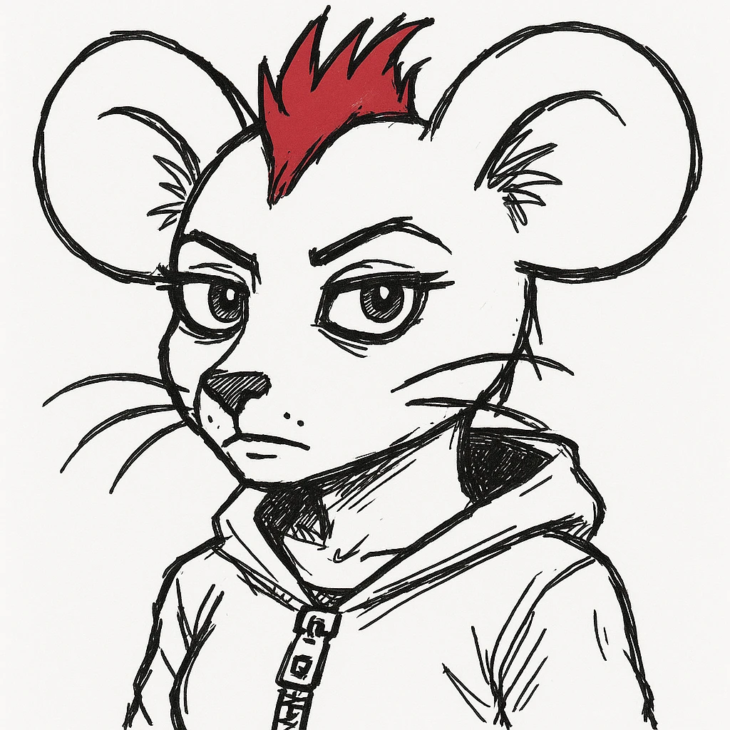 Make the nezumimi mouse girl have black fur, green eyes, more gothic and more punk style, keep the red mohawk, with no background, emoji meme style. emoji