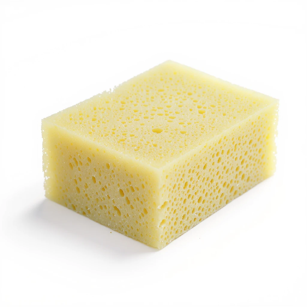 realistic yellow kitchen sponge, soft texture, slightly used, on a white background emoji