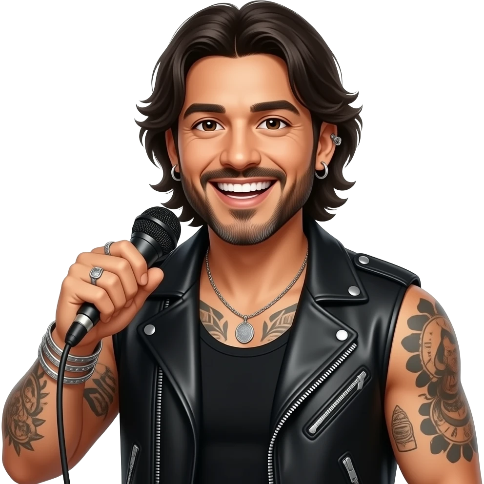 The handsome manly Latino podcast host with medium length hair, a long slightly graying beard and tattoos with his ears pierced 1 time each ear and a nose ring on the right side, dark brown eyes, wearing black, and jewelry, and he’s super drunk emoji