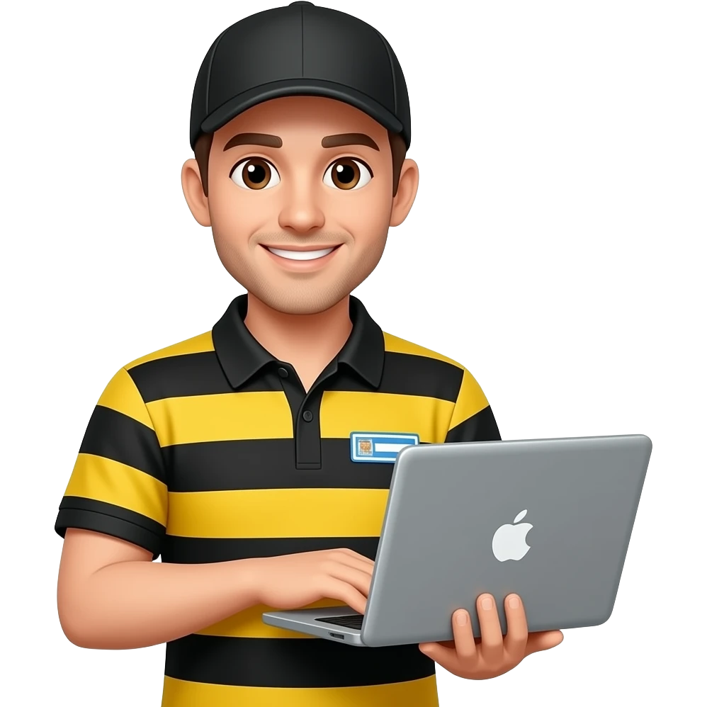 сотрудник магазина с ноутбуком, черно-желтая одежда в полоску emoji