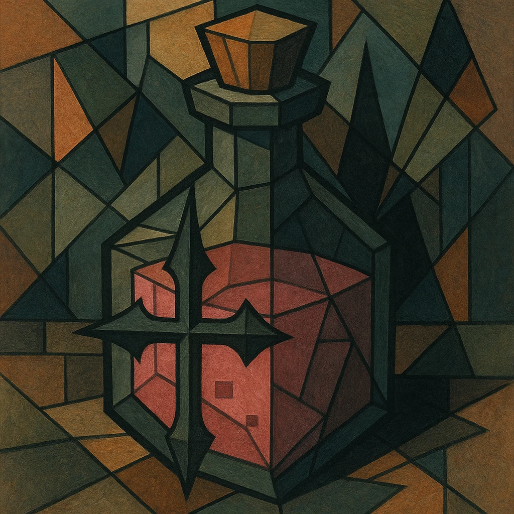 pink goth potion bottle, cubist abstraction style, geometric and gothic emoji