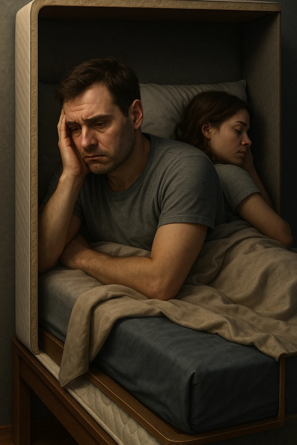 Vertical, hyper-realistic 3D cutaway illustration: uomo con difficoltà con la propria compagna nel letto, faccia depressa emoji