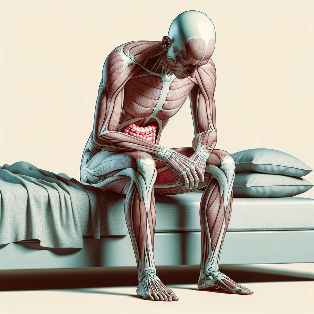 CORPO UMANO ANATOMICO SEDUTO NEL LETTO CHE NON RIESCE A DORMIRE, VESCICA ANATOMICA IN EVIDENZA, IPERREALISTICO SFONDO CHIARO NEUTRO emoji