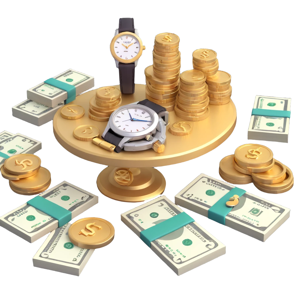 modern 3D table with gold and silver jewelry, a high-end wristwatch, and piles of money, realistic style emoji