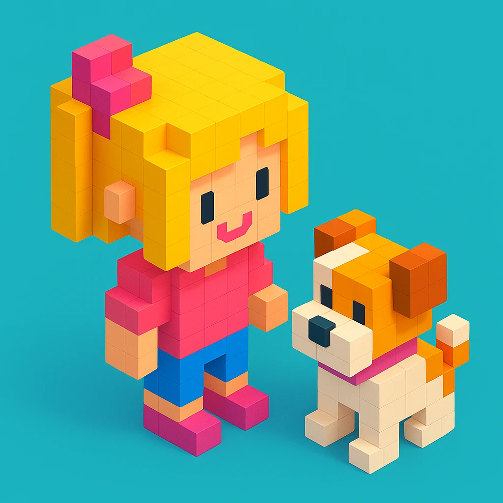 create a voxel style 3d image girl and  her dog, colored background emoji