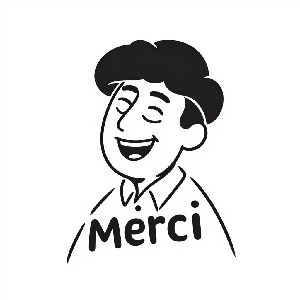 laughing man with black beret, modern look, the word 'Merci' as part of the design, text prominent, hand-drawn notion style emoji