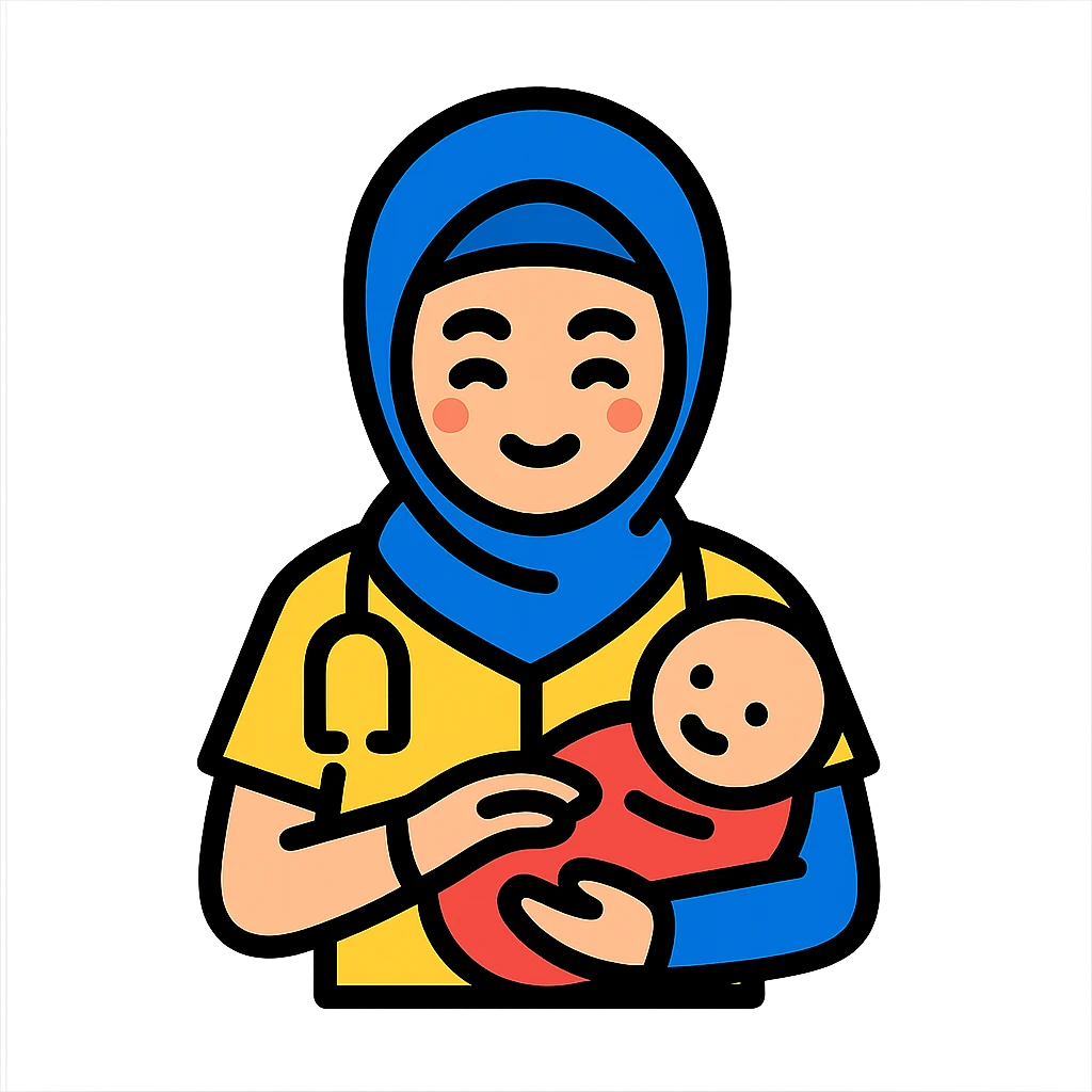 Add a baby in her arms, keep her comforting a patient, warm and professional, keep the background. emoji