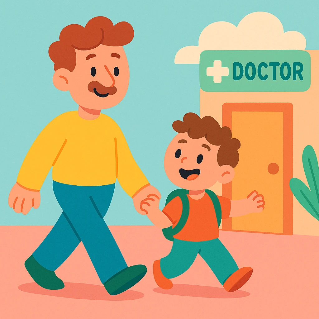 A father and son walking to the doctor's office, hand in hand, in a cartoon style with bright colors and a happy atmosphere. emoji