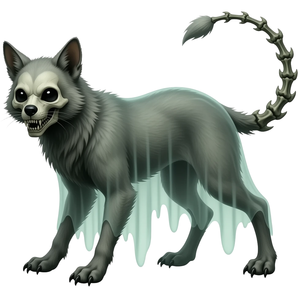Digitigrade 4-legged gory spectral spooky dark bleak greyish translucent diaphanous swampy gloomy ghostly dark dark-deep-greenish foggy eldritch scary realistic edgy fantasy ghoul-like vernid-sergal-fursona animal creature with a long thin bony tail and skull-face full body emoji