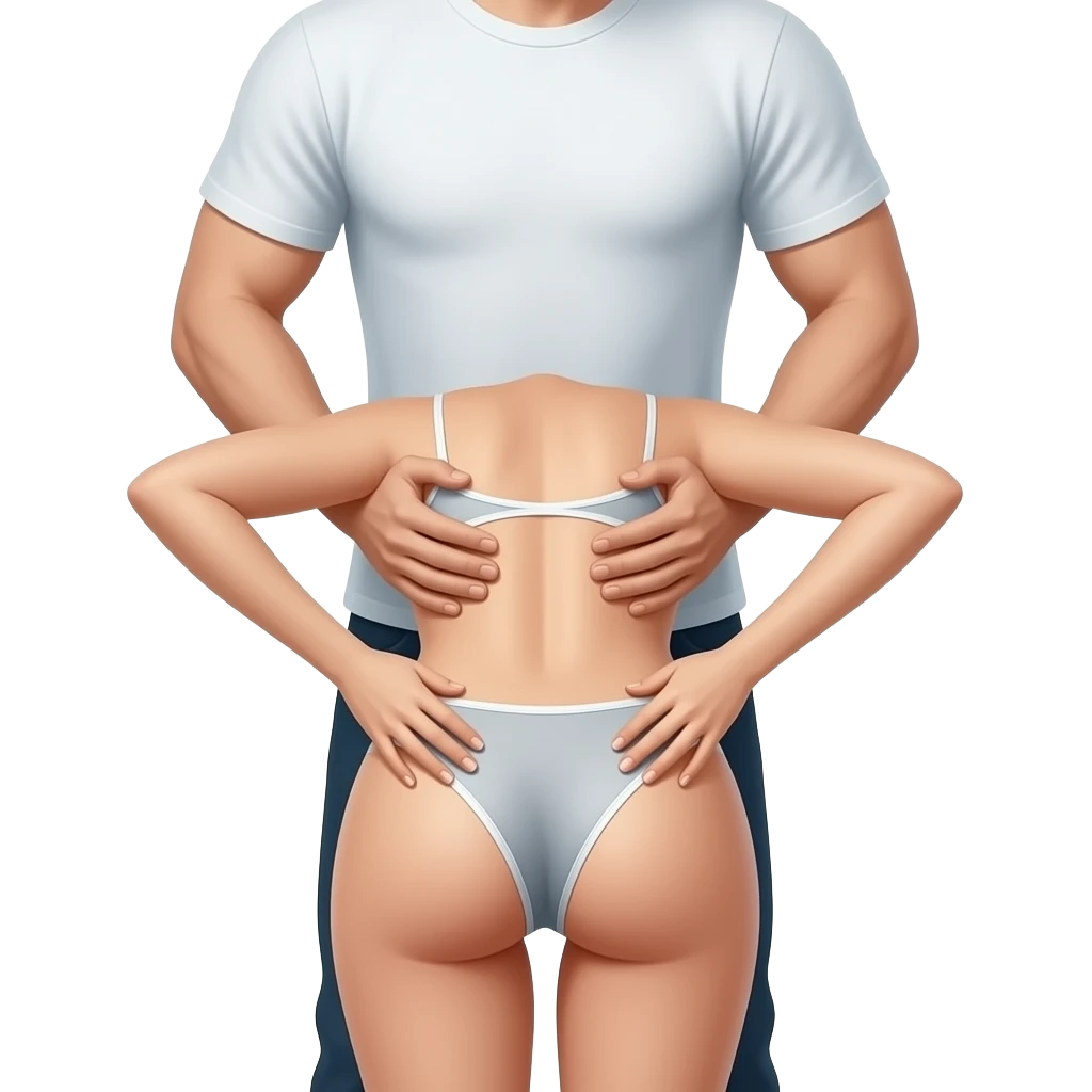 woman bent over  showing her ass in panty with a man behind her holding her hips with his two hands on both side facing away from the viewer emoji