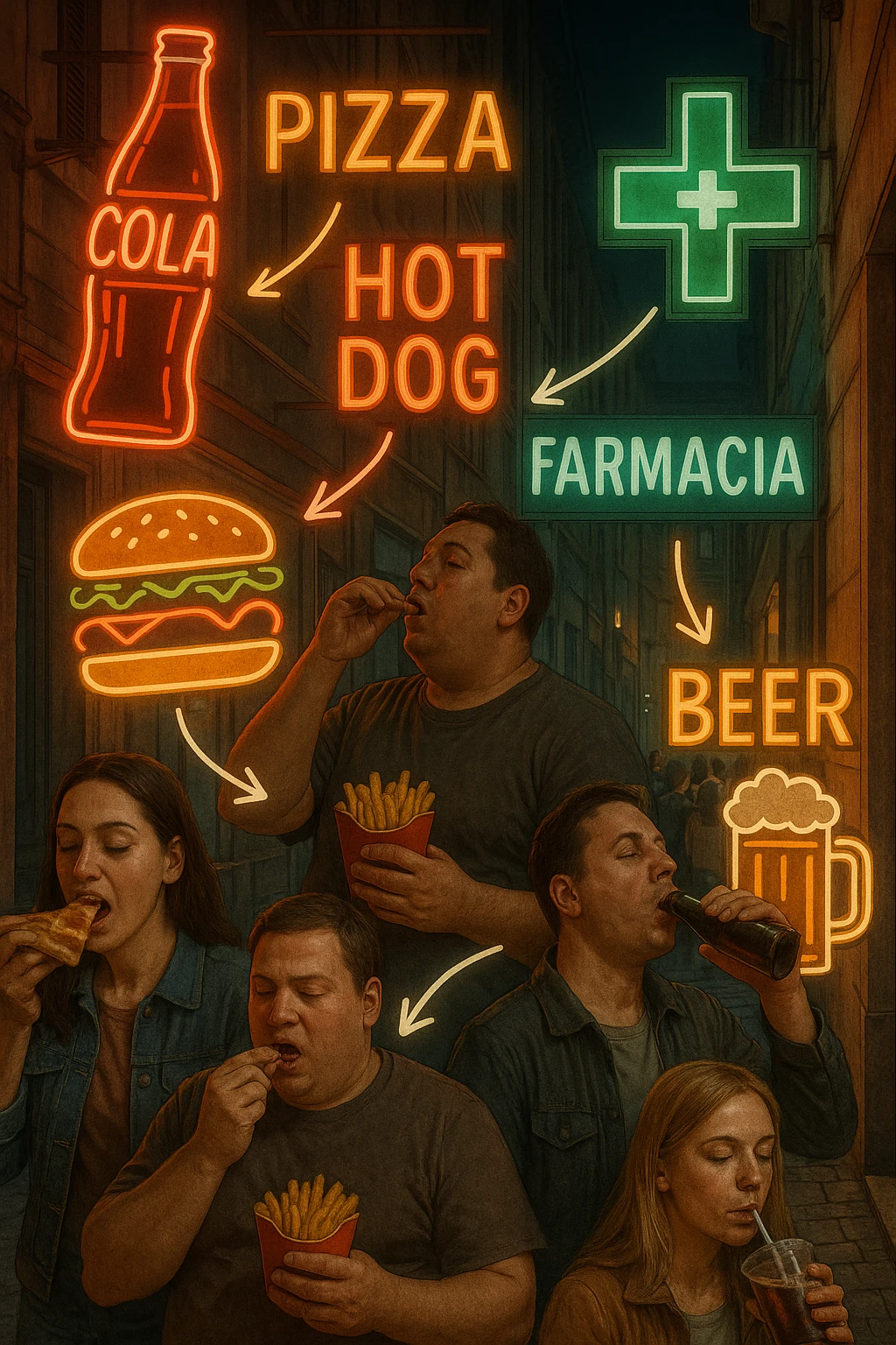 Realistic, vertical scene: a city street filled with bright, enticing advertisements for junk food and alcohol. In the foreground, people indulge in unhealthy foods and drinks, while in the background, a large pharmacy sign glows, and a line of people waits to buy medicine. Subtle arrows or visual cues connect the unhealthy choices to the need for medication, highlighting the cycle. in italiano emoji