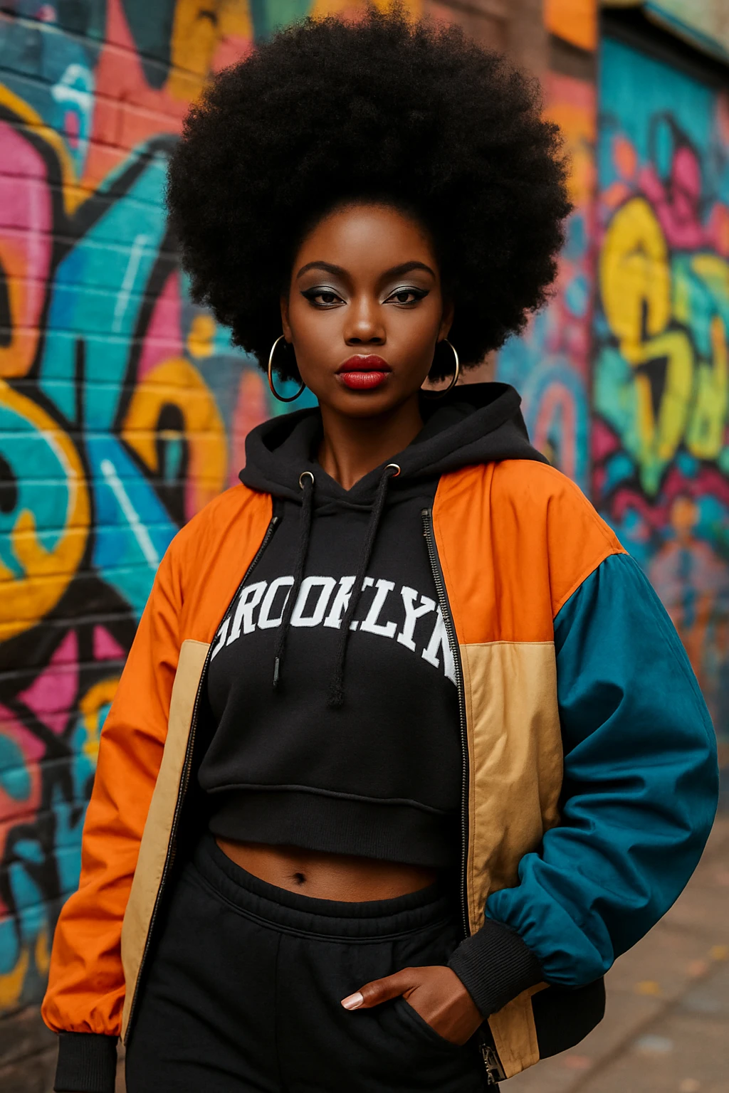 black barbie doll, trendy streetwear, afro hairstyle, bold makeup, stylish attitude emoji