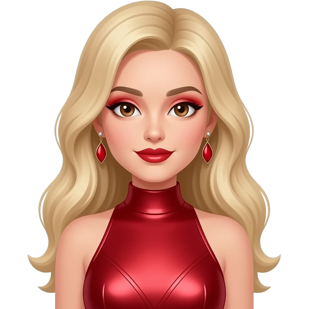 Hannah Stocking with brown eyes, long blonde hair, red eyeshadow and lipstick, red metallic high neck dress, earrings emoji