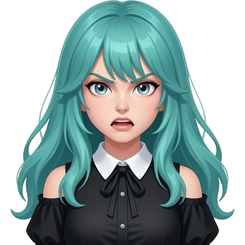 girl, furious, long flowing teal hair, grey eyes, black shoulder cyberpunk blouse with fancy white collar emoji
