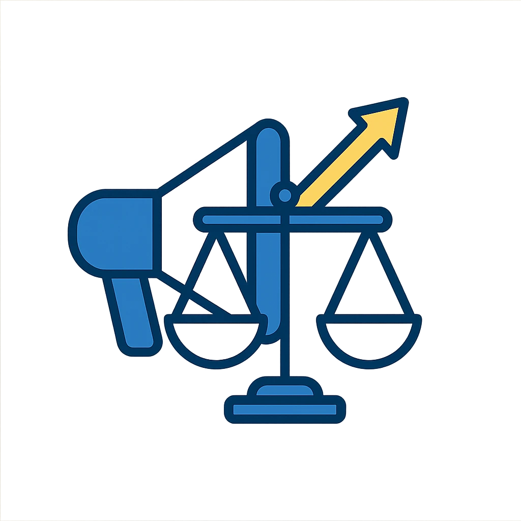 simple professional icon for advocacy consulting firm, combining megaphone and scales of justice, gold accent arrow rising upward, navy blue white gold color palette emoji