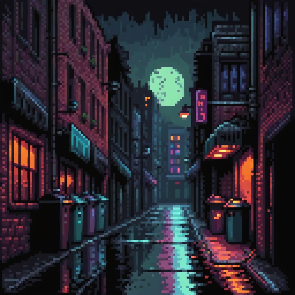 Pixel art background, dark Gotham City alley at night, flickering neon signs, wet asphalt, trash bins, moody streetlight, silhouettes in windows, Sega fighting game style
 emoji