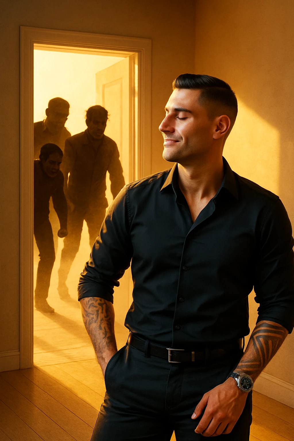 a man stands confidently in a sunlit room, facing away from a group of dark, shadowy figures with harsh or angry expressions who are walking out the door. The man’s posture is upright and relaxed, his face calm and relieved. Warm light fills the space, symbolizing his newfound peace and positivity. emoji