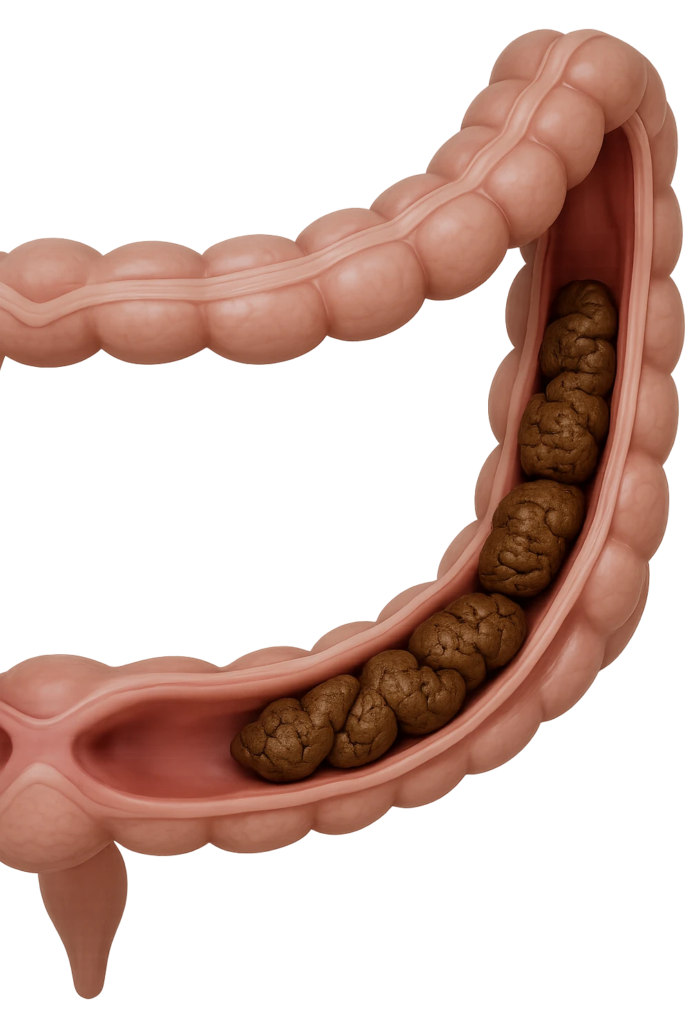 colon umano anatomico con feci a pallini all'interno, stipsi, iperrealistico 4k emoji