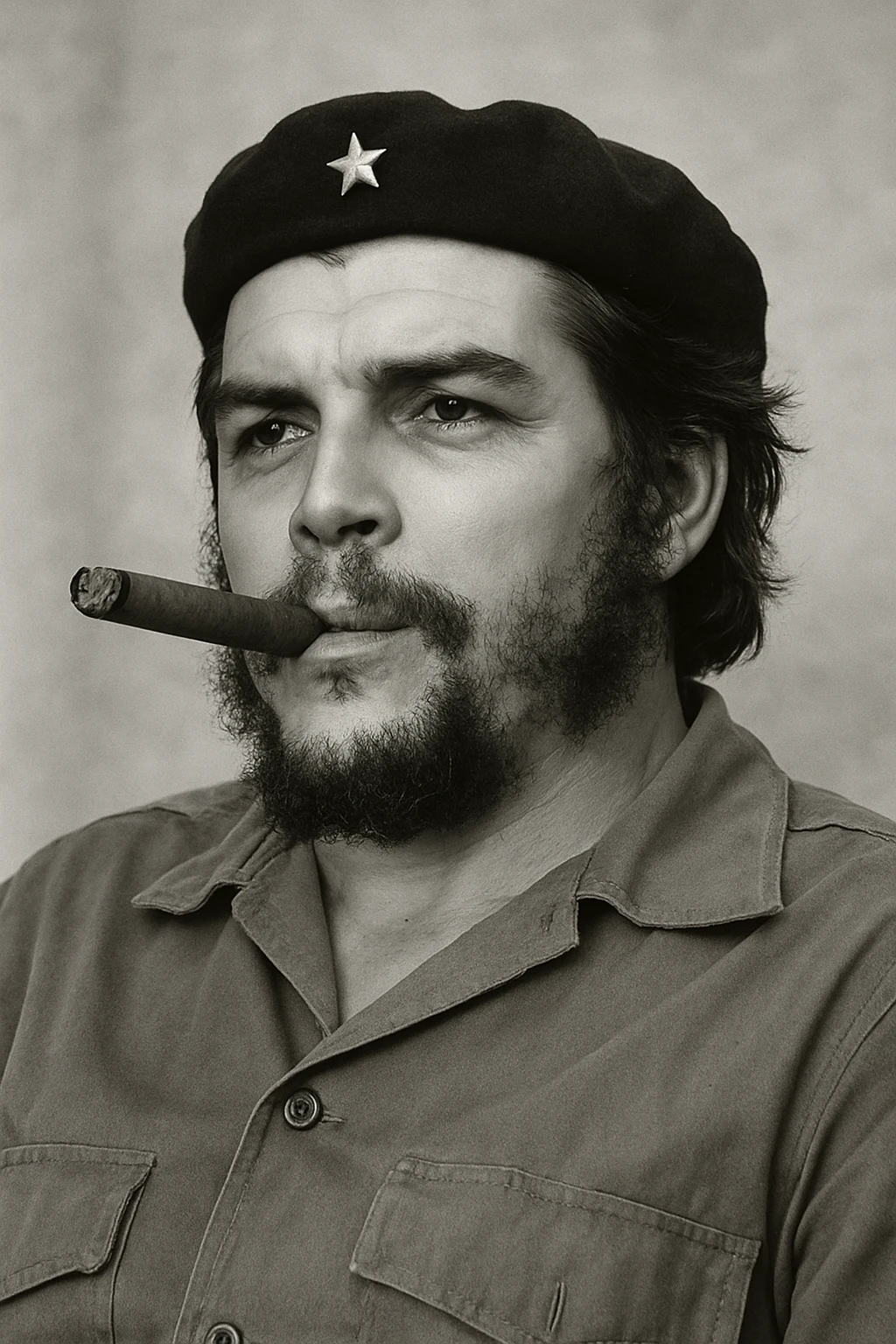 Сгенерируй мне в такой же позе и в такой же одежде Че Гевара и с сигарой в зубах, без надписей и слов emoji