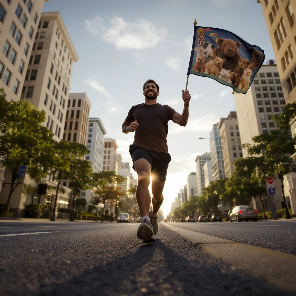 happy runner waving a flag of animals emoji