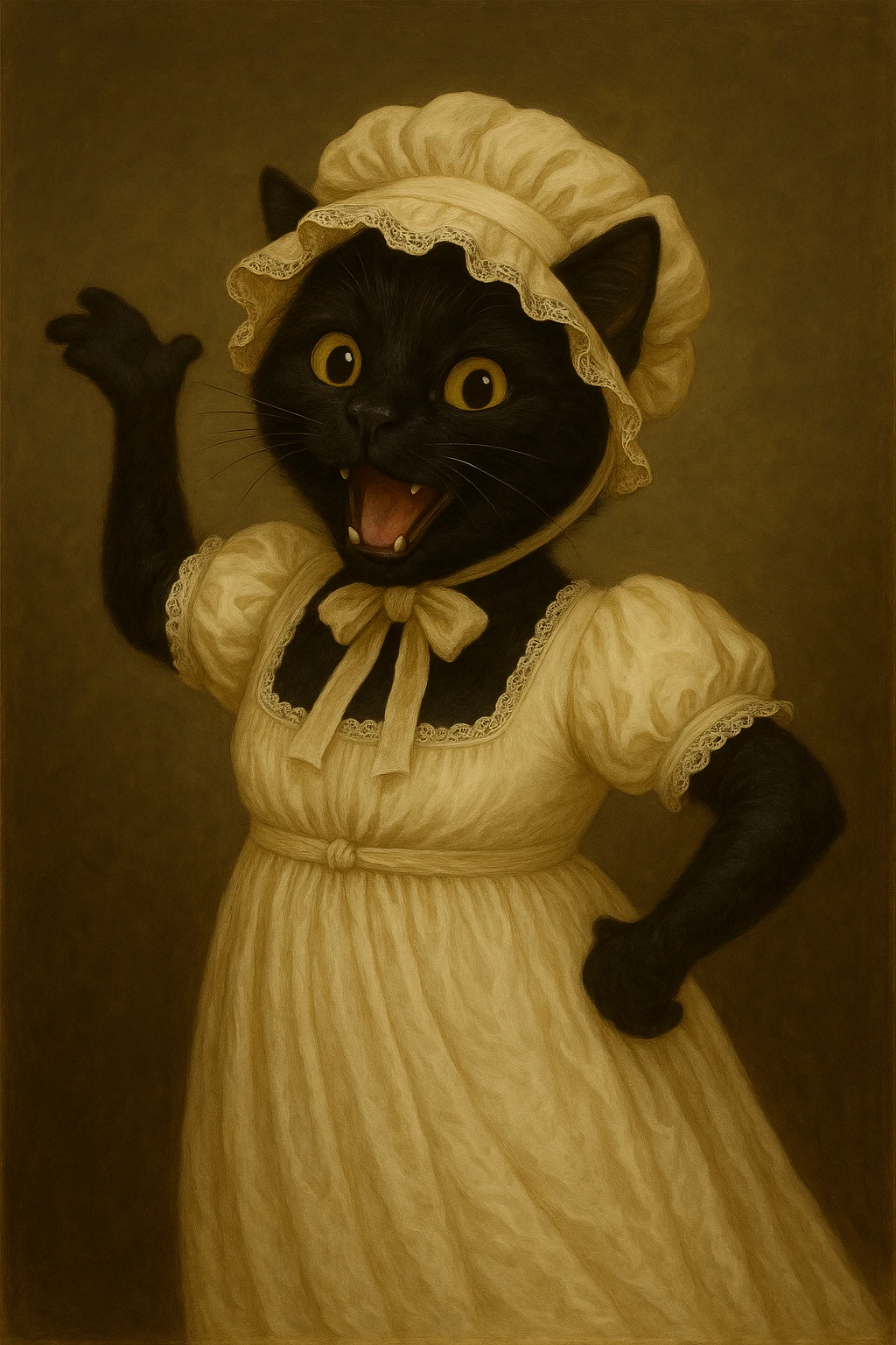 Make the black cat more playful with an animated posture and fun expression, still in period-accurate Pride and Prejudice clothing. Focus on fun and animation while keeping the historical attire intact. emoji
