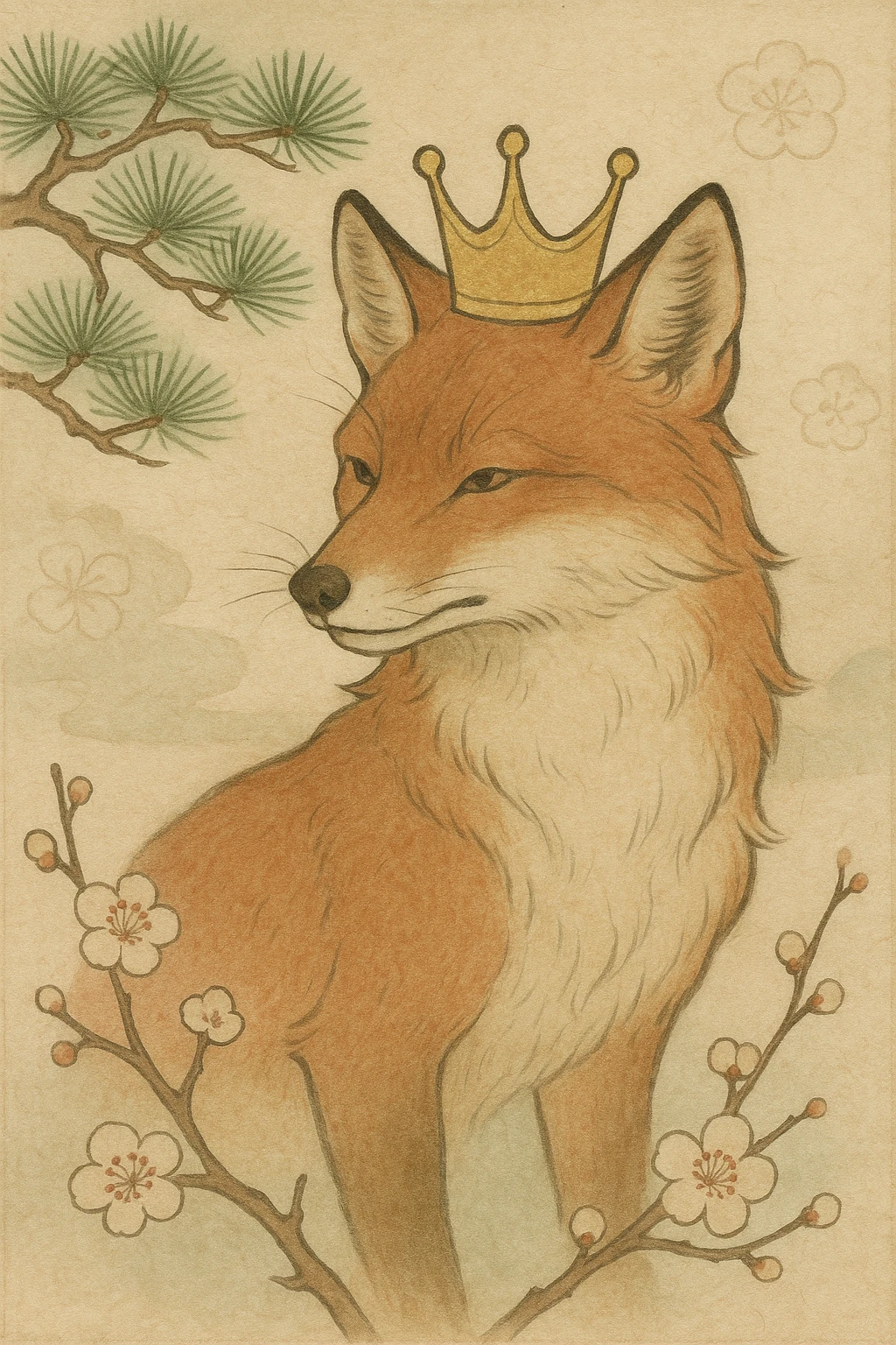 red fox with a golden crown, surrounded by forest elements, Japanese style, delicate linework, soft color palette emoji