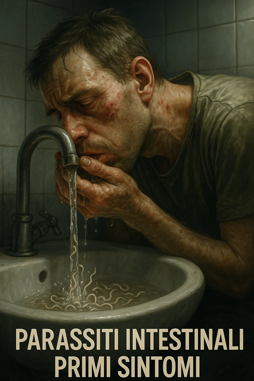 vertical realistic cinematic illustration of a man drinking water from a faucet, water visibly containing intestinal parasites, early symptoms of illness visible, clinical atmosphere with dramatic lighting, Italian captions, aspect ratio 2:3 emoji