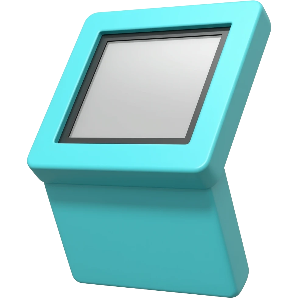 a turquoise digital kiosk with blank screen emoji