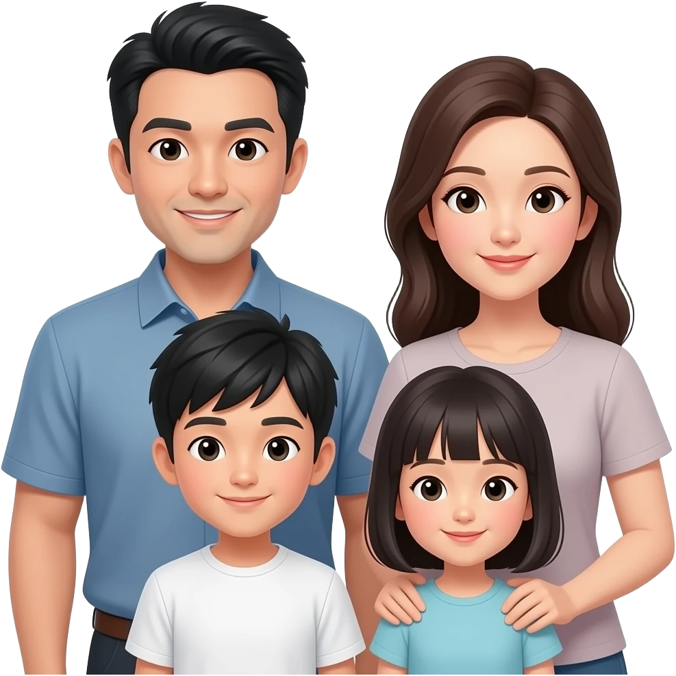 Asian Family of 4 (Dad w/ black & white hair, Mom w/ long hair, Son short hair, Daughter) emoji
