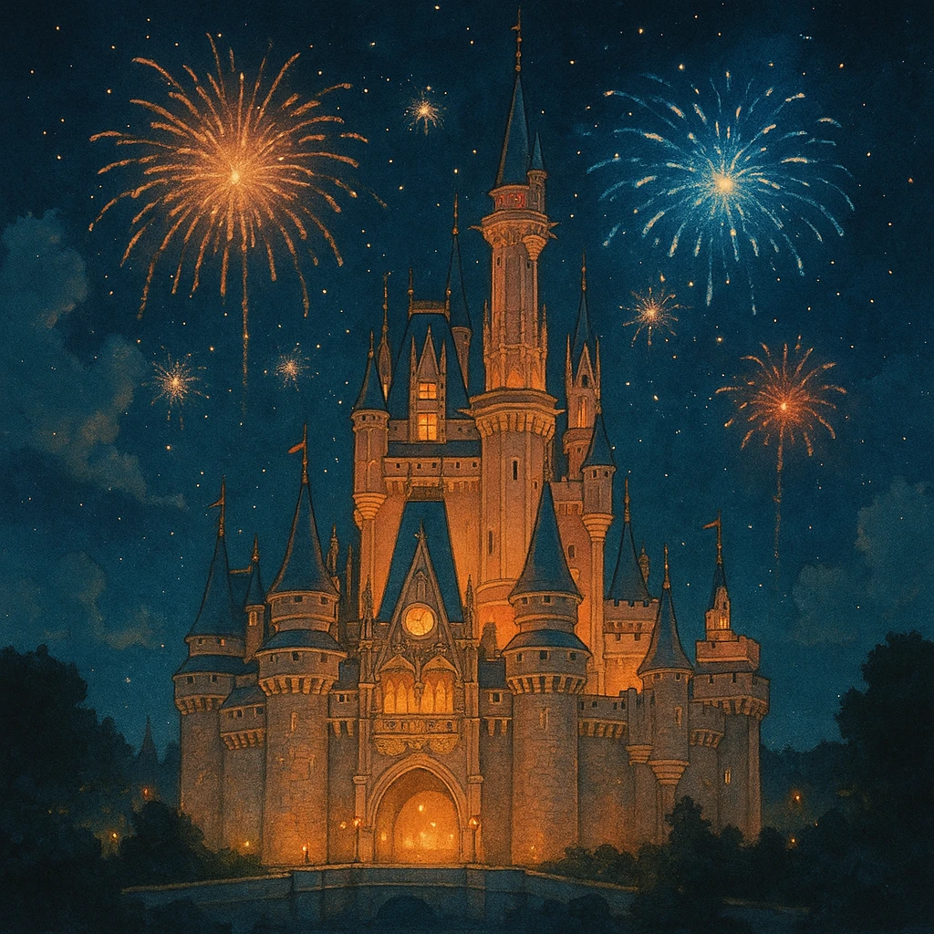 a disney castle, glowing at night, fireworks in the sky, enchanting atmosphere emoji