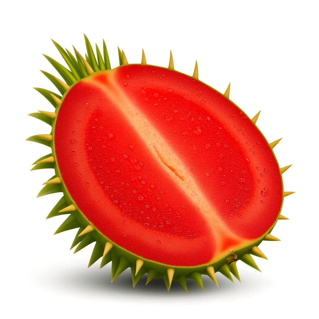 Add subtle water droplets to the cut-open red, round Stenocereus fruit with short spikes, realistic style, keep background white. emoji