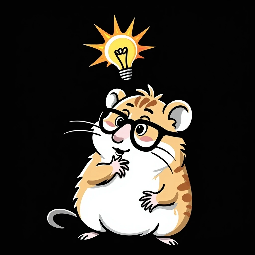 unique, colorful, hand-drawn, modern, realistic hamster with cool glasses, thinking about an idea with a lightbulb above its head, solid black background, illustrated in Procreate on an iPad, not kiddish emoji