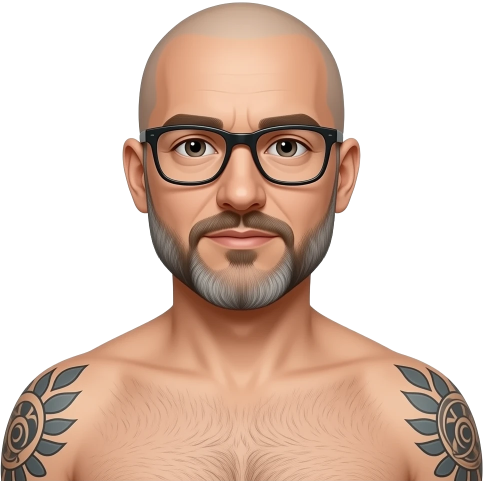 Tall bald man salt and pepper beard with glasses and no shirt tattoos on both shoulders emoji