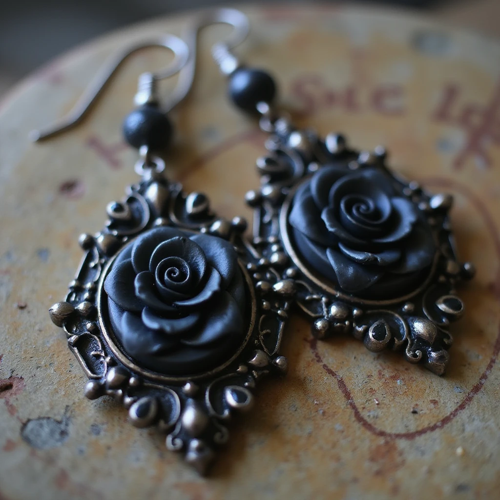 realistic goth earrings, black rose cameo, ornate frame, victorian gothic emoji