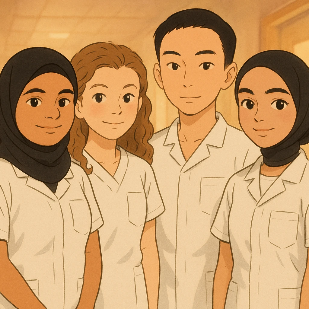 Four nursing students standing side by side in a warm atmosphere, Ghibli style. They wear white short-sleeved uniforms with medical tunic tops featuring V-neck collars and left chest pockets. No undershirts or stethoscopes. Faces and attitudes inspired by the four provided photos. emoji