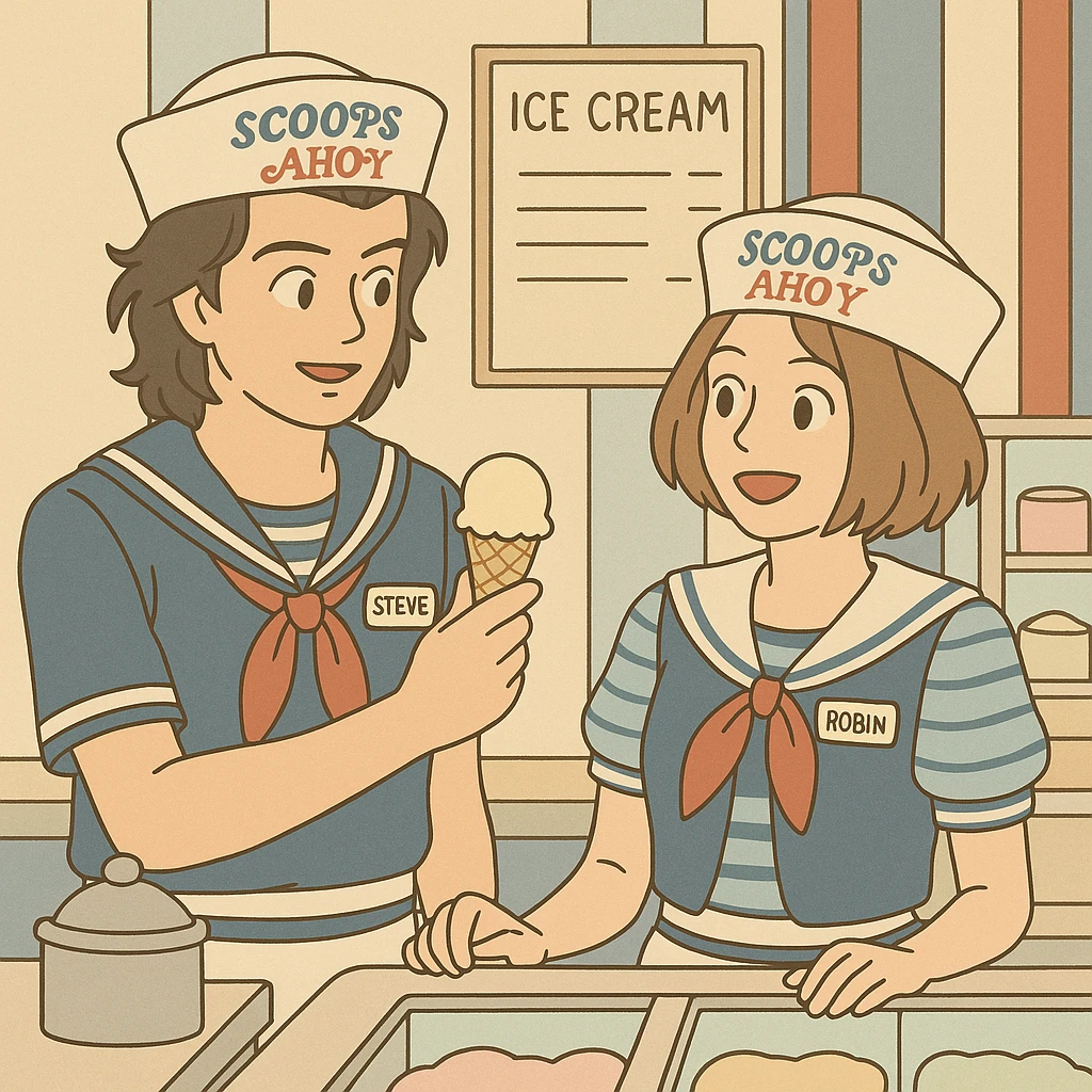Iconic Stranger Things scene: Steve and Robin working together at the Scoops Ahoy ice cream shop, wearing uniforms, in simple line style with light pastel tones and thick outlines, Ghibli style, square 1:1 format. emoji