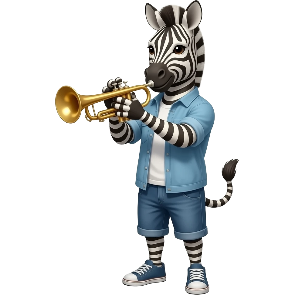 людиноподібна зебра у всеь рост, одягнена в стилі кежуал  грає на трубі emoji