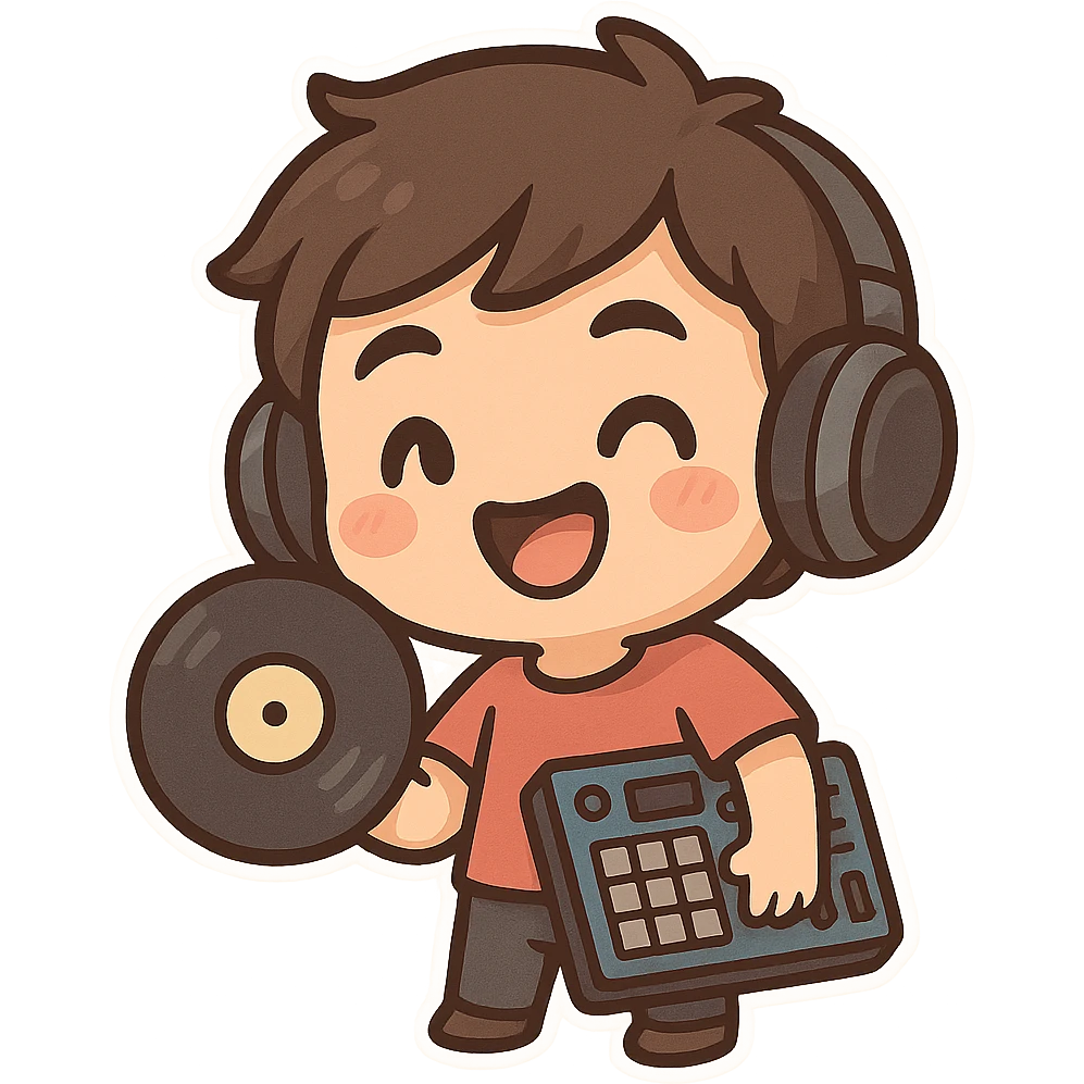 cartoon style music producer holding a vinyl record with playful expression emoji