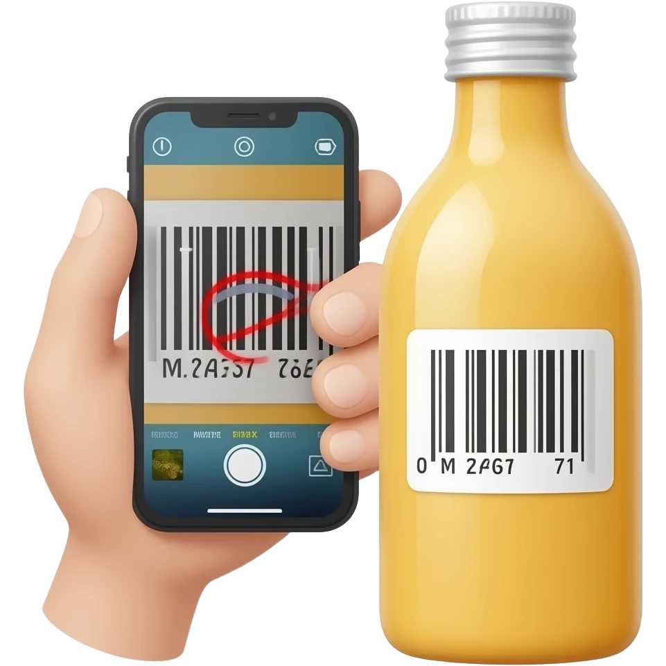 hand gripping a smartphone, phone camera pointed at a bottle with a barcode, scanning action, no text emoji