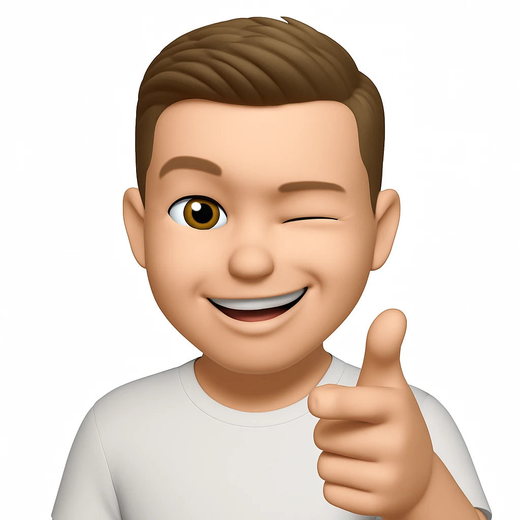 Based on these photos, make an emoji with facial features preserved, a man in a white T-shirt, winking, pointing forward emoji