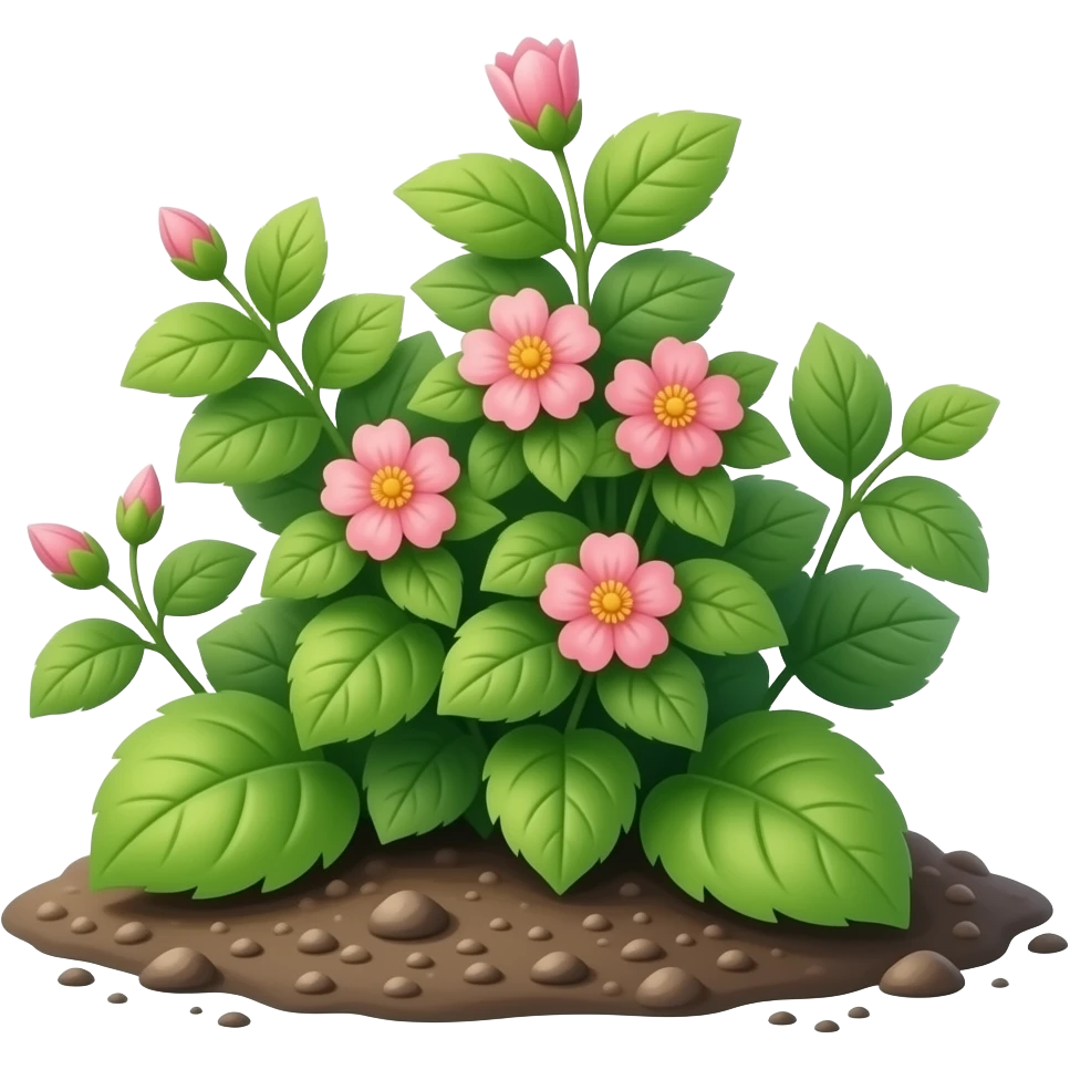 green plant from the ground with leafs And Pink flowers blooming emoji